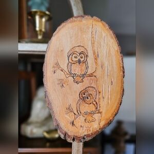 Handcarved Owl Wood Slice Art - 1977